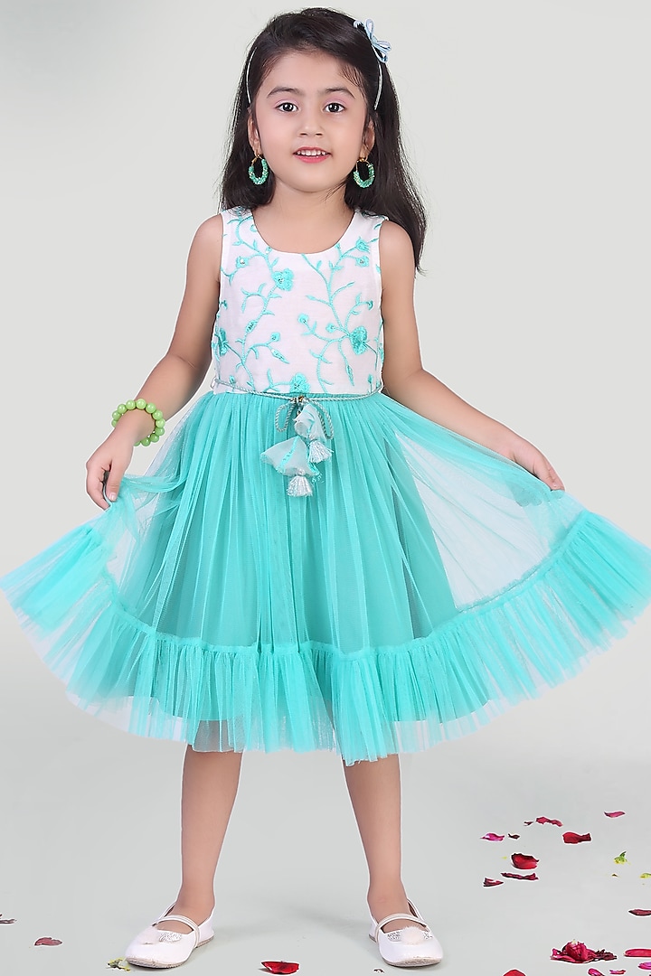 Aqua Blue Embroidered Dress For Girls by Mini Chic