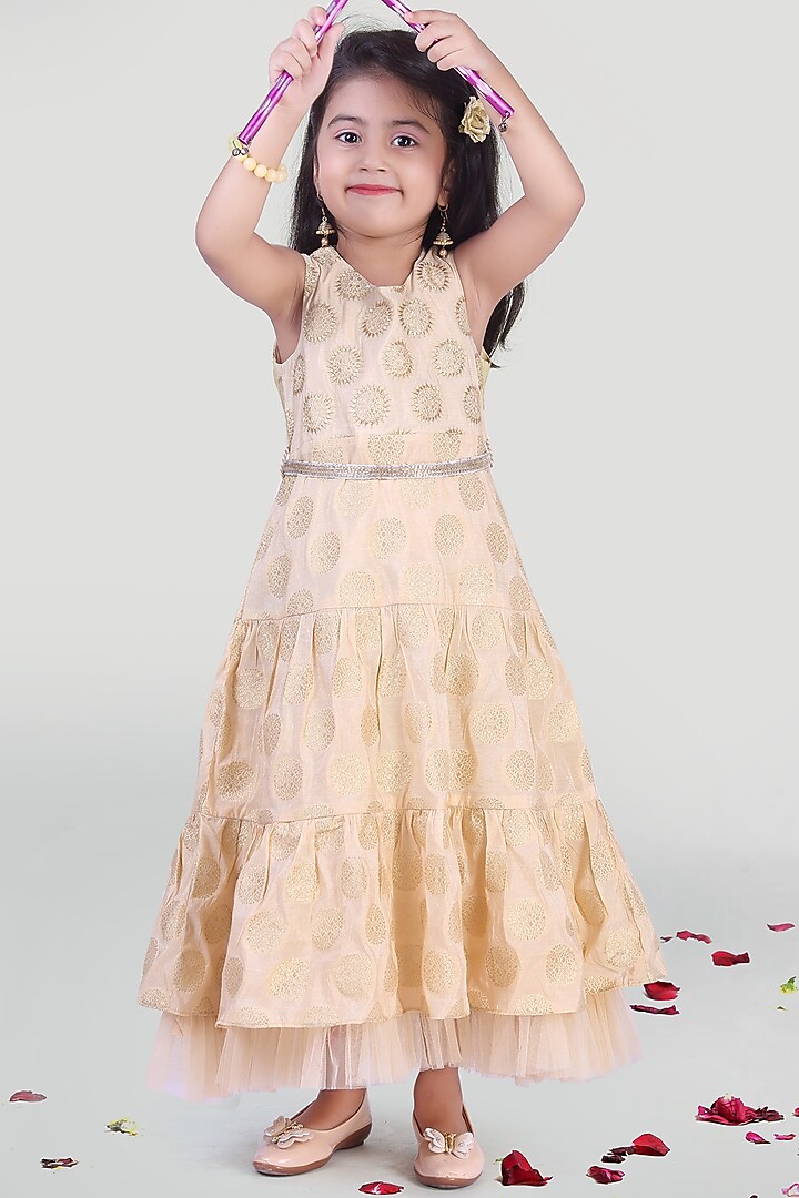 Beige Hand Embroidered Tiered Gown For Girls by Mini Chic