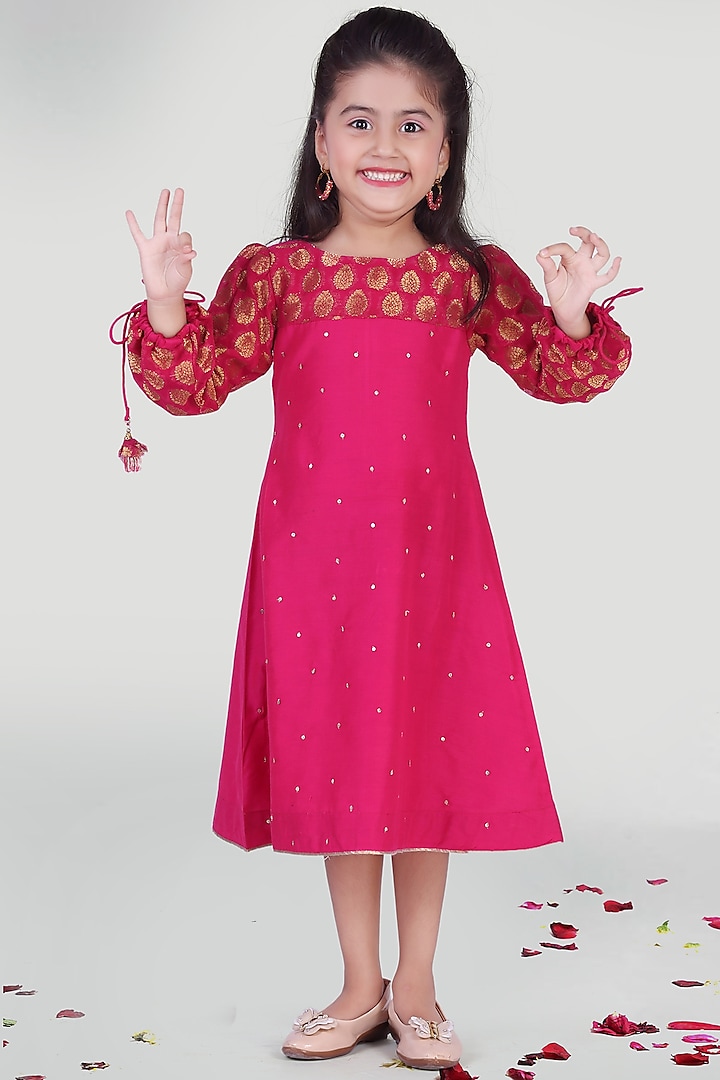 Fuchsia Polyester Viscose Dress For Girls by Mini Chic