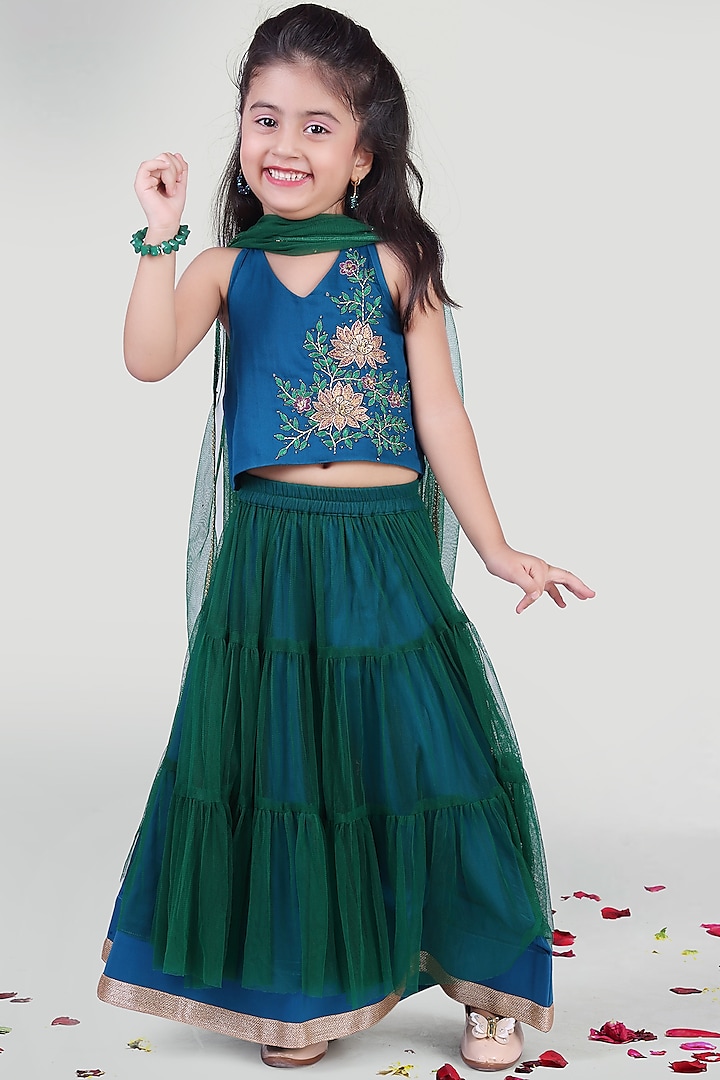 Blue & Green Skirt Set For Girls by Mini Chic