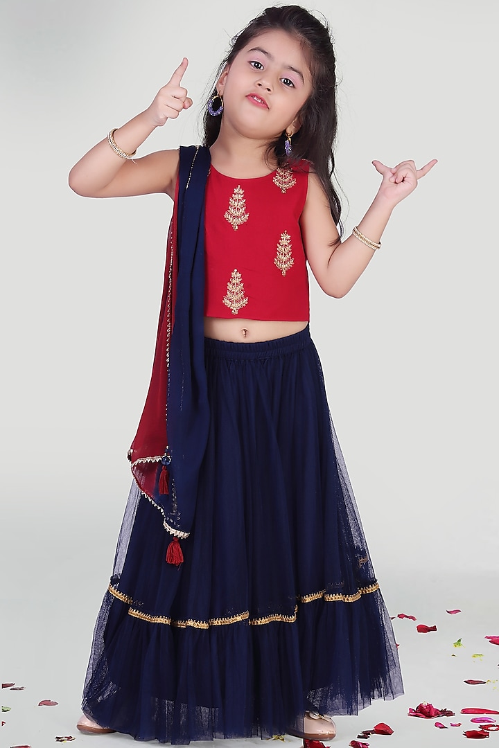 Navy Blue & Maroon Skirt Set For Girls by Mini Chic