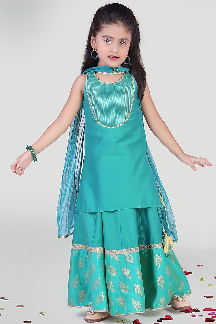 Aqua Green Kalidar Skirt Set For Girls by Mini Chic