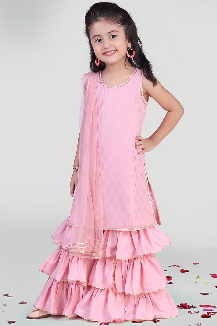 Pastel Pink Tiered Sharara Set For Girls by Mini Chic