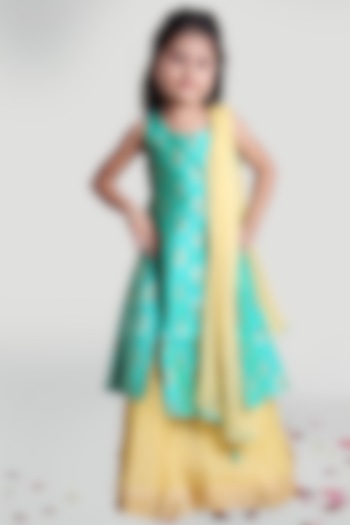 Aqua Green & Yellow Skirt Set For Girls by Mini Chic