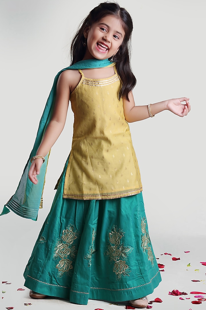 Pastel Green Skirt Set With Latkans For Girls by Mini Chic