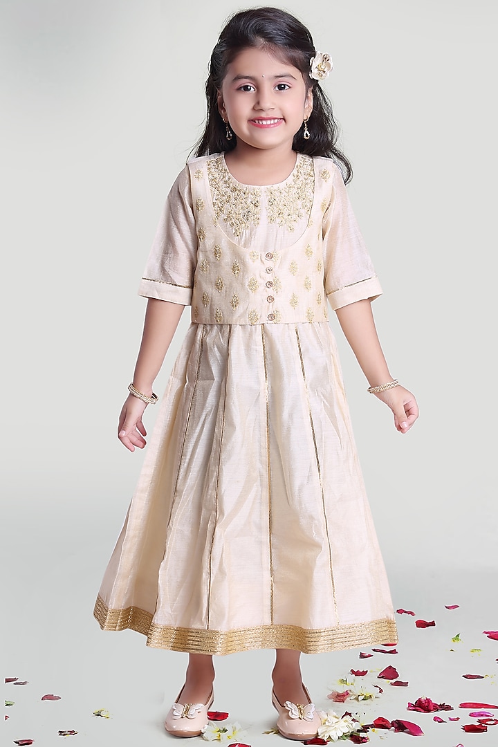 Beige Anarkali Set With Jacket For Girls by Mini Chic