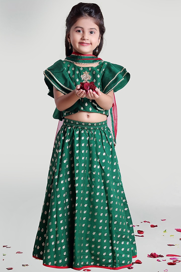 Green Circular Skirt Set For Girls by Mini Chic