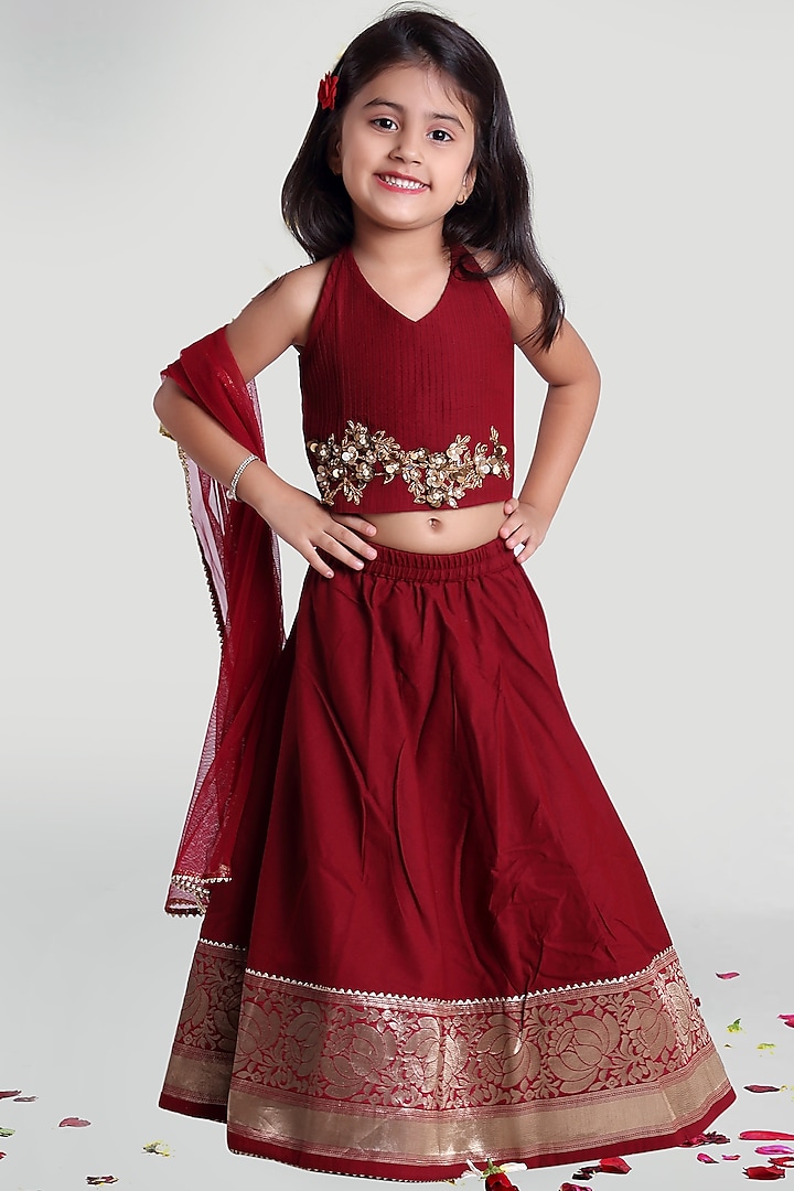 Maroon Skirt Set With Latkan For Girls by Mini Chic