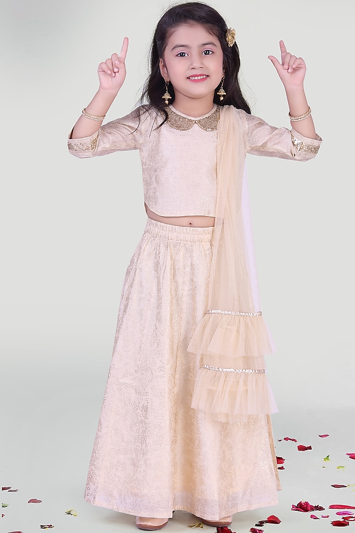 Beige Modal Chanderi Skirt Set For Girls by Mini Chic