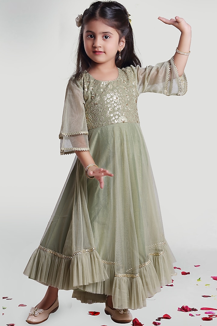 Olive Green Gown With Lace Detailing For Girls by Mini Chic