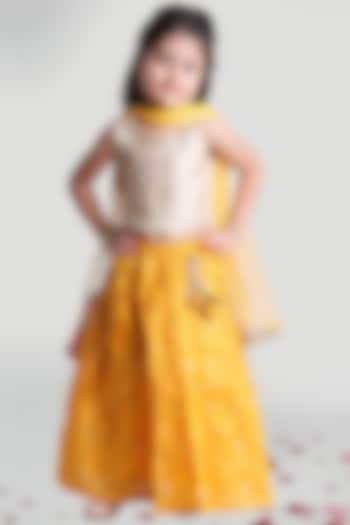 Yellow Pleated Skirt Set With Latkan For Girls by Mini Chic