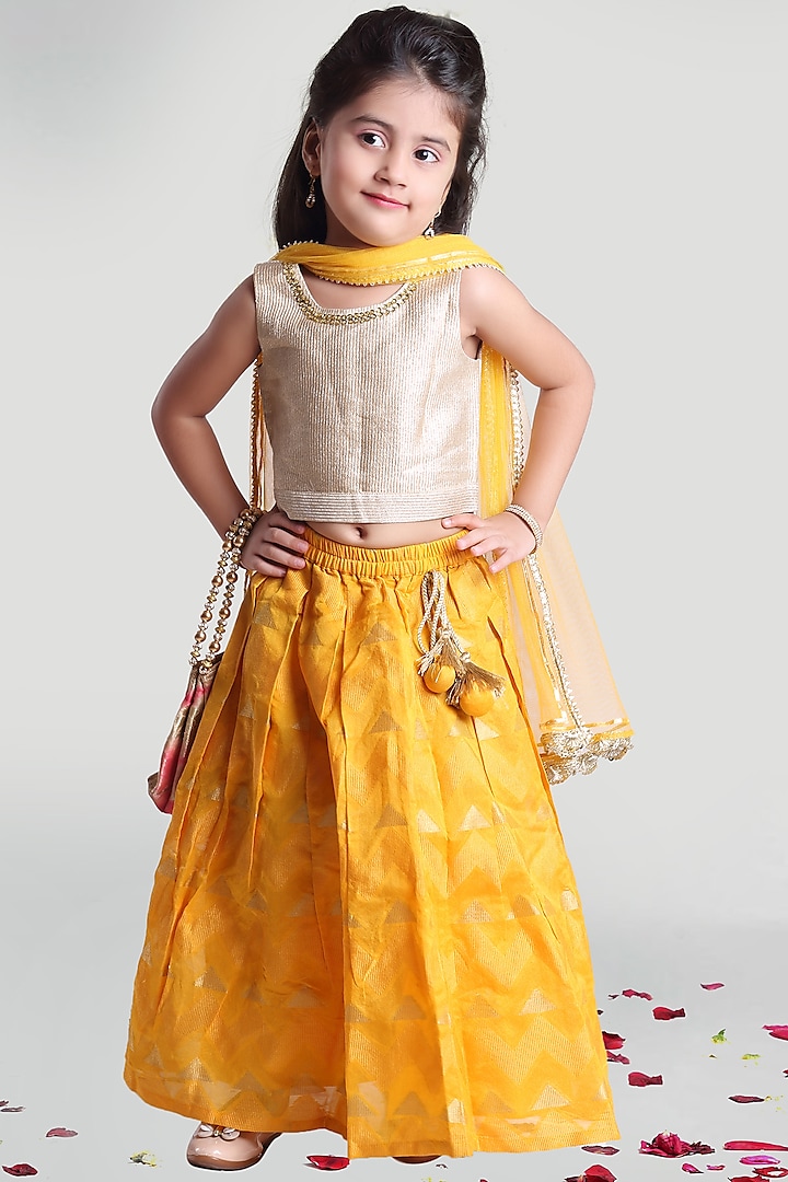 Yellow Pleated Skirt Set With Latkan For Girls by Mini Chic