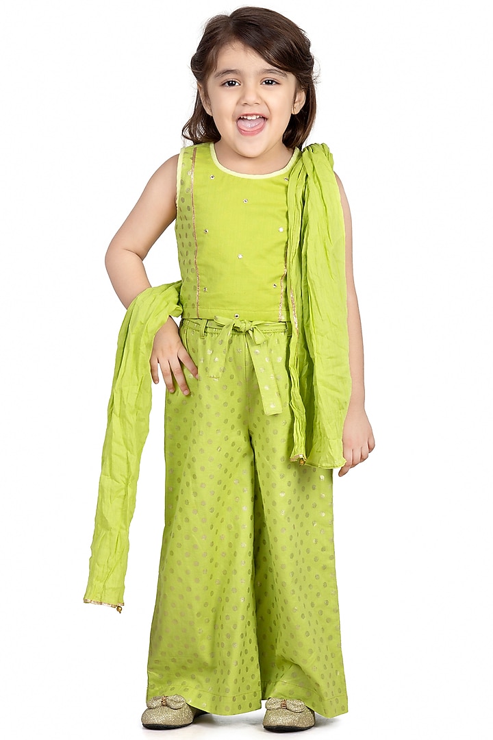 Lime Green Cotton Palazzo Pant Set For Girls by Mini Chic