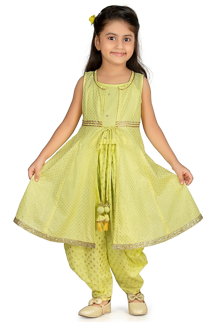 Lime Green & Yellow Cowl Pant Set For Girls by Mini Chic
