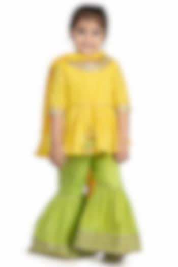 Lime Green Embroidered Sharara Set For Girls by Mini Chic