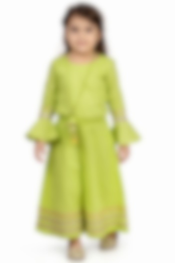 Lime Green Embroidered Jumpsuit For Girls by Mini Chic
