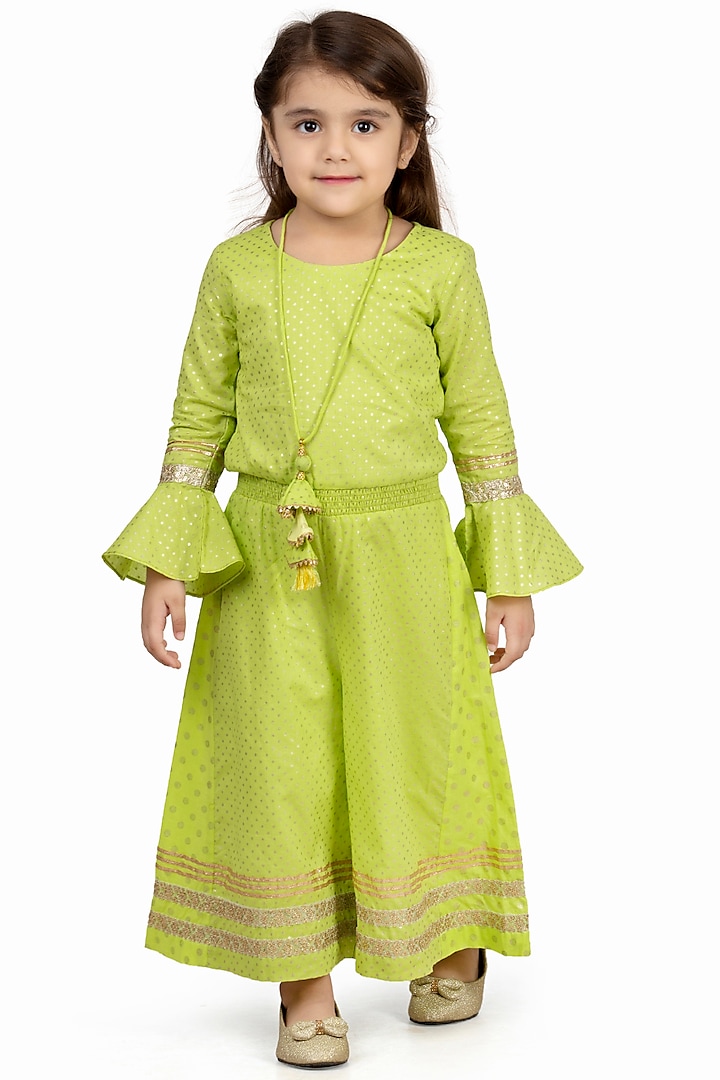 Lime Green Embroidered Jumpsuit For Girls by Mini Chic