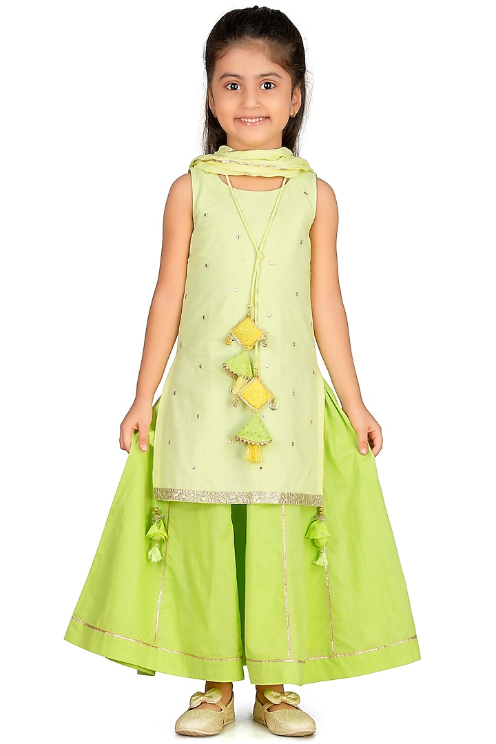 Lime Green Cotton Lehenga Set For Girls by Mini Chic