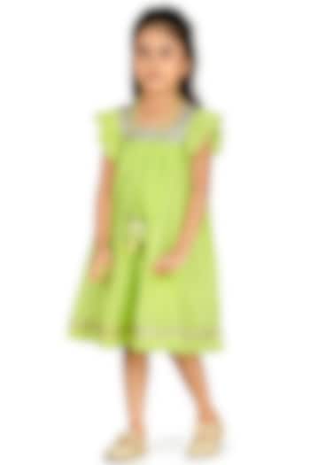 Lime Green Embroidered Frock For Girls by Mini Chic