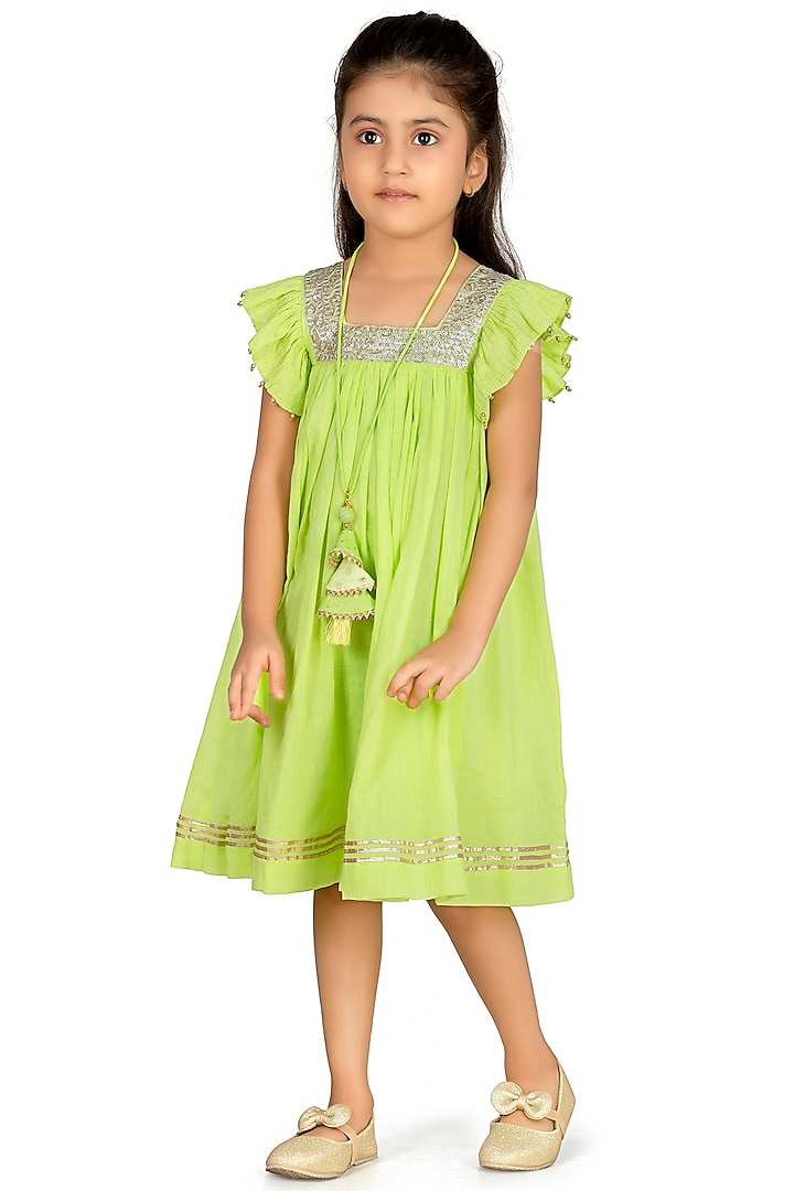 Lime Green Embroidered Frock For Girls by Mini Chic