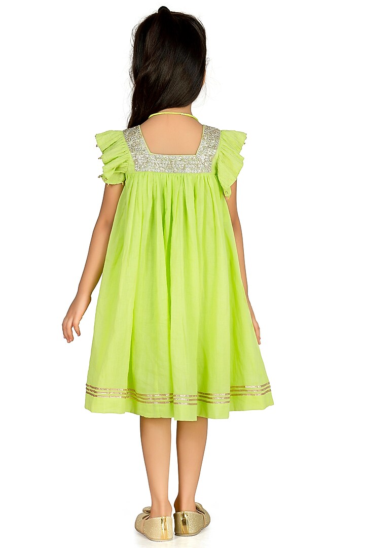 Lime Green Embroidered Frock For Girls by Mini Chic at Pernia's Pop Up Shop