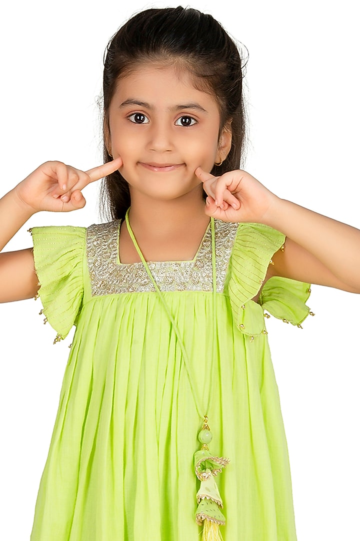 Lime Green Embroidered Frock For Girls by Mini Chic at Pernia's Pop Up Shop