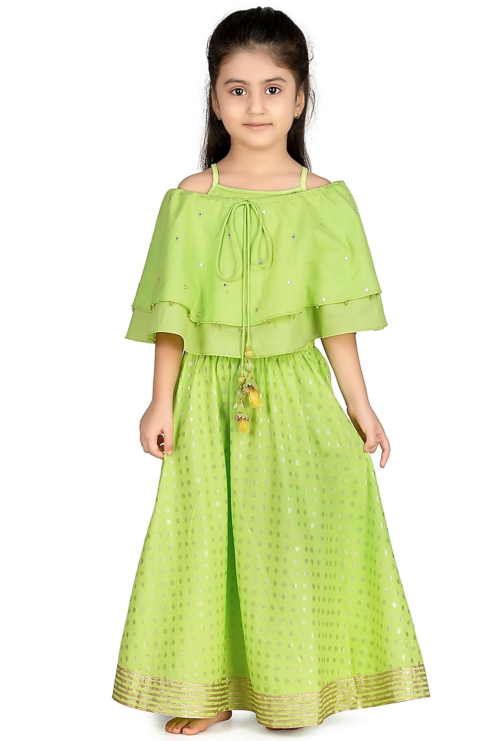 Lime Green Printed Lehenga Set For Girls by Mini Chic