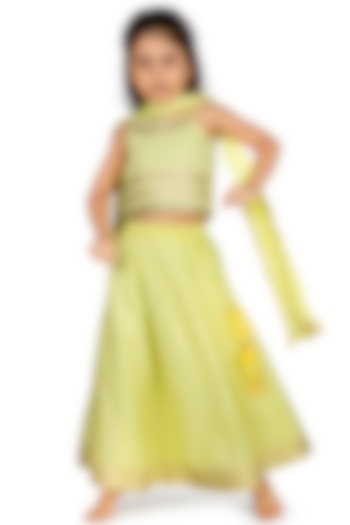 Lime Yellow Embroidered Lehenga Set For Girls by Mini Chic