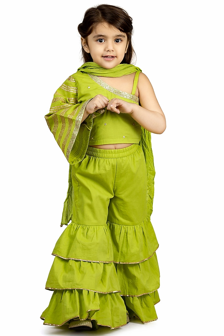 Lime Green Cotton Sharara Set For Girls by Mini Chic