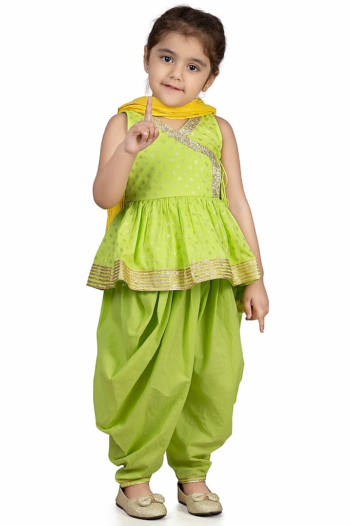 Lime Green Embroidered Cowl Pant Set For Girls by Mini Chic