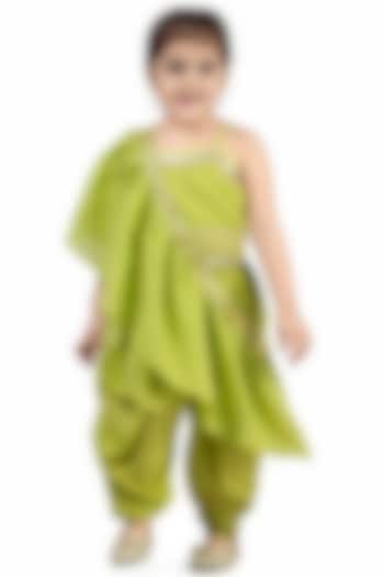 Lime Green Embroidered Dhoti Pant Set For Girls by Mini Chic