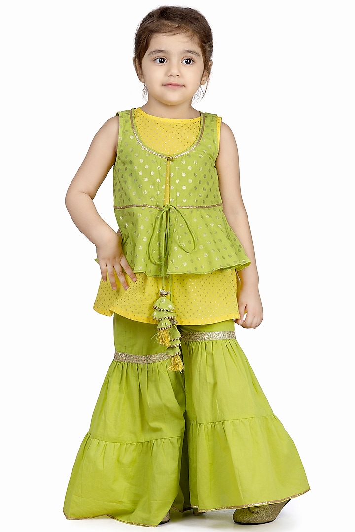 Lime Green & Yellow Sharara Set For Girls by Mini Chic