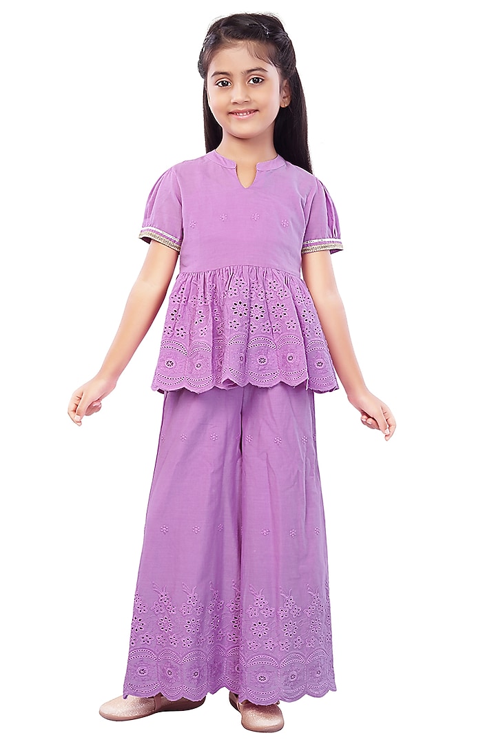 Purple Schiffli Palazzo Pant Set For Girls by Mini Chic at Pernia's Pop Up Shop