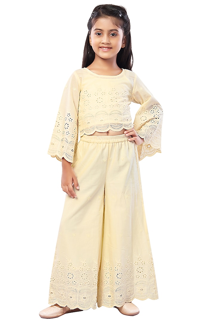 Off-White Embroidered Palazzo Pant Set For Girls by Mini Chic at Pernia's Pop Up Shop