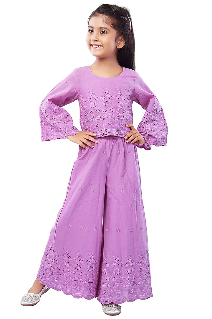 Purple Embroidered Palazzo Pant Set For Girls by Mini Chic at Pernia's Pop Up Shop