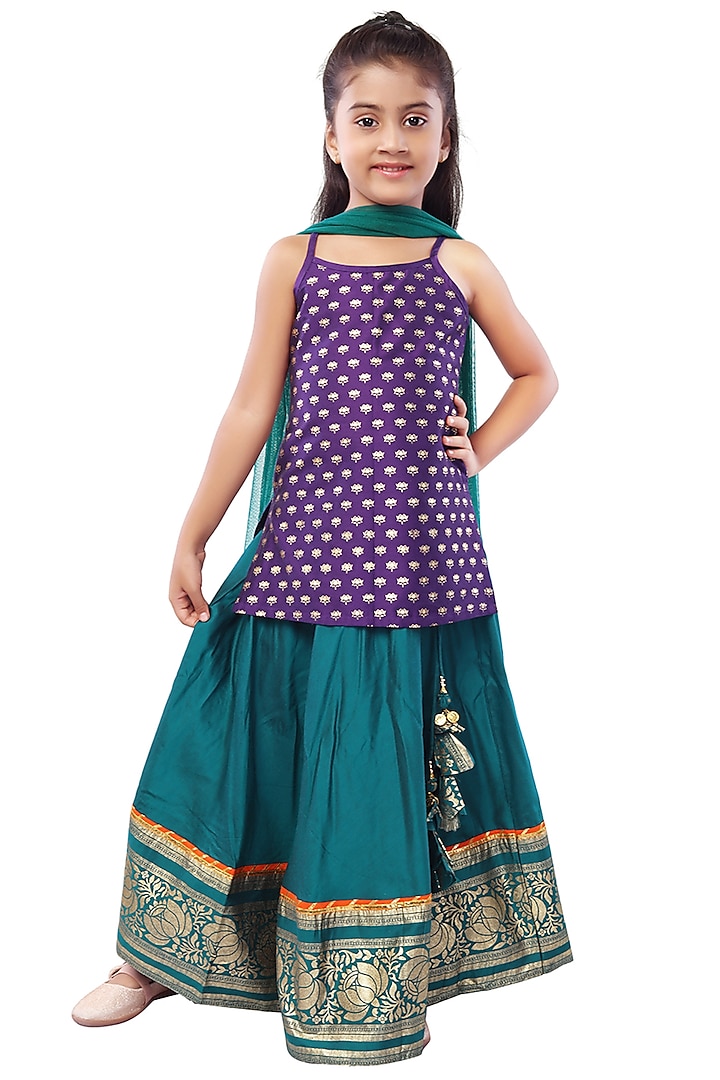 Teal Silk Skirt Set With Print For Girls by Mini Chic