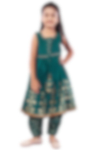 Teal Printed Dhoti Set For Girls by Mini Chic
