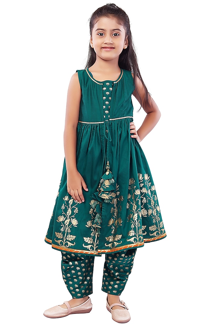 Teal Printed Dhoti Set For Girls by Mini Chic