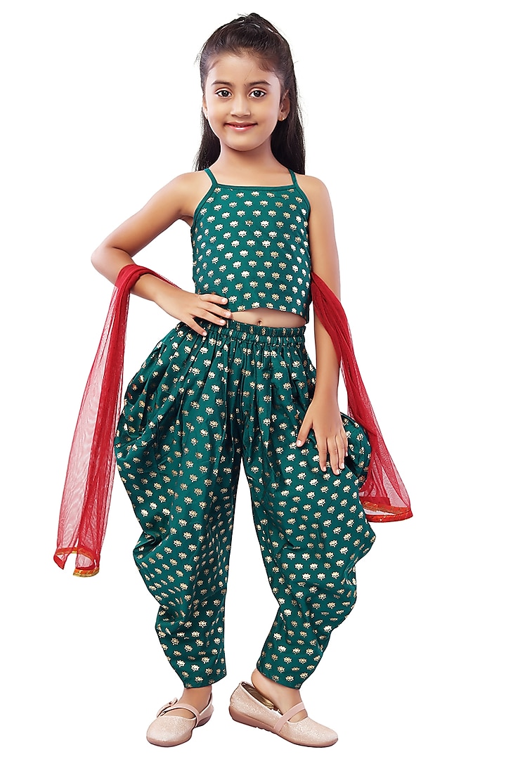 Teal Foil Printed Dhoti Set For Girls by Mini Chic