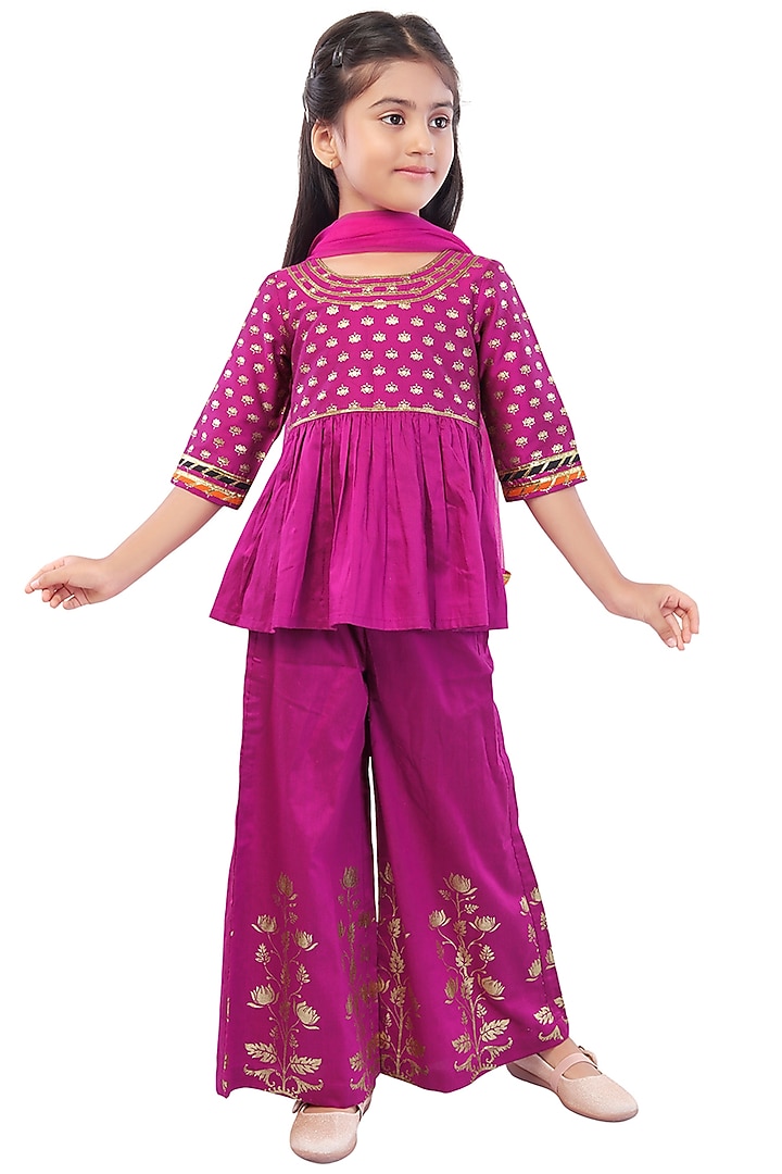 Fuchsia Pink Printed Palazzo Pant Set For Girls by Mini Chic at Pernia's Pop Up Shop