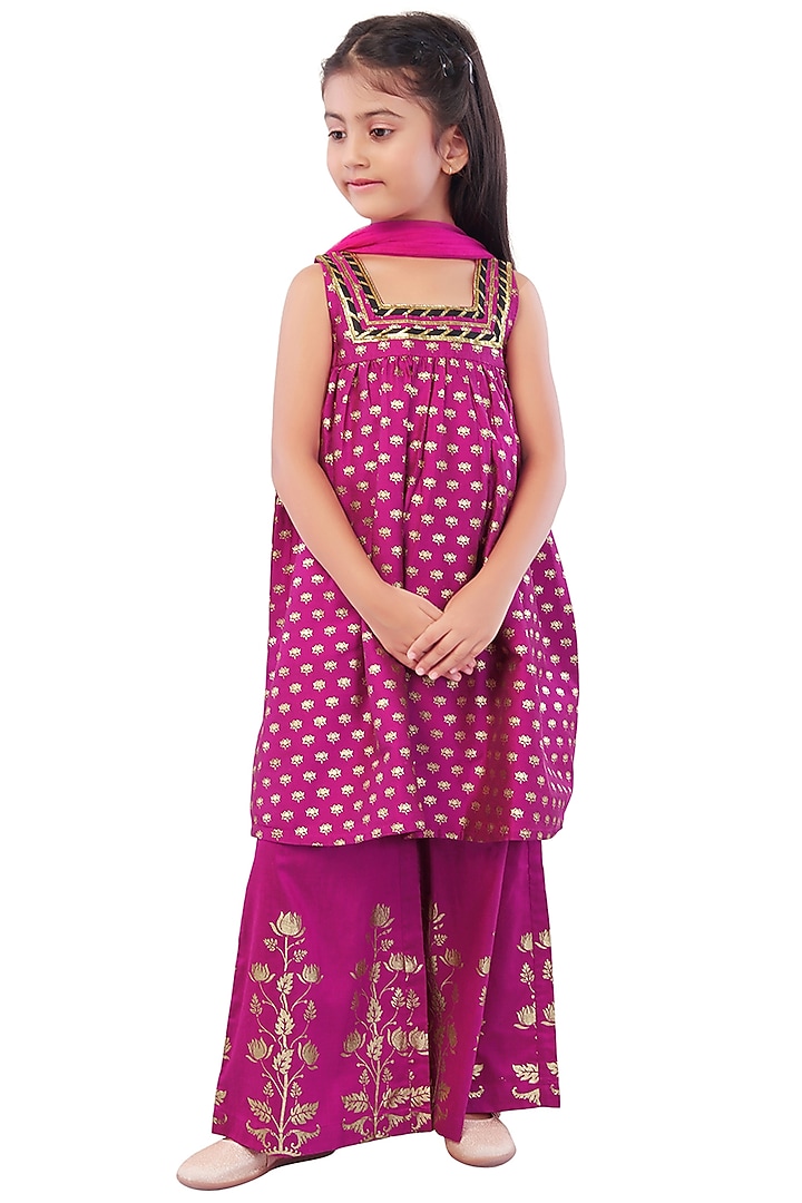 Fuchsia Pink Foil Printed Palazzo Pant Set For Girls by Mini Chic at Pernia's Pop Up Shop