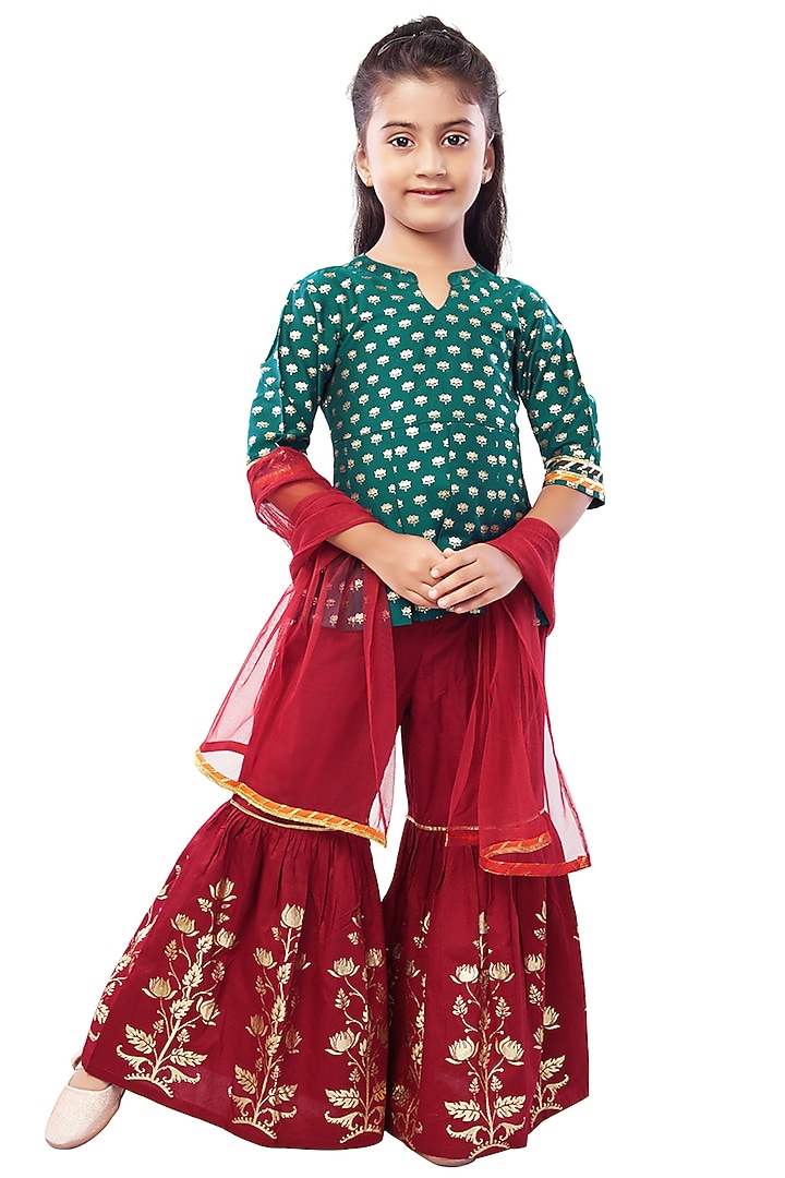 Maroon Foil Printed Palazzo Pant Set For Girls by Mini Chic at Pernia's Pop Up Shop