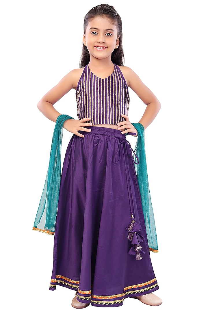 Purple Printed Skirt Set For Girls by Mini Chic
