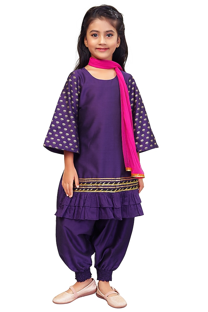 Purple Silk Dhoti Set For Girls by Mini Chic at Pernia's Pop Up Shop