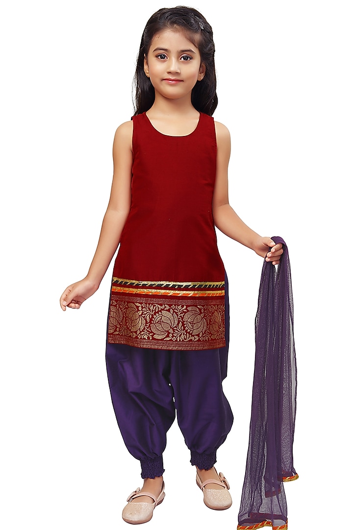 Purple PST Silk Dhoti Set For Girls by Mini Chic at Pernia's Pop Up Shop