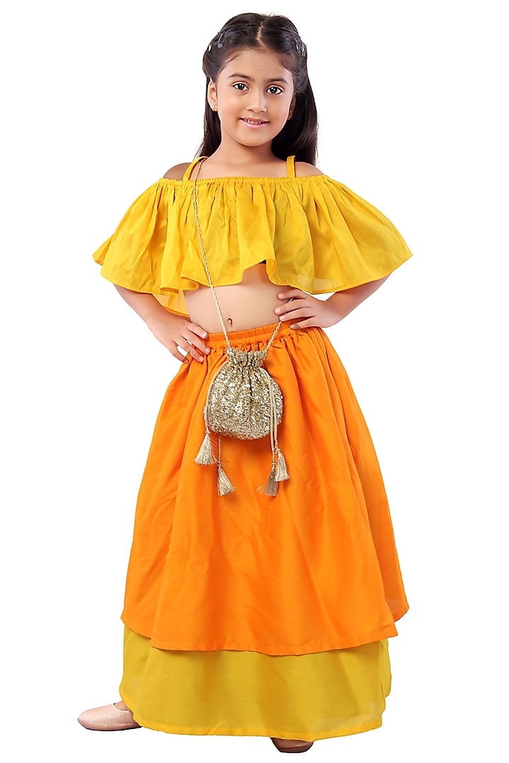 Orange & Yellow Crepe Skirt Set For Girls by Mini Chic at Pernia's Pop Up Shop