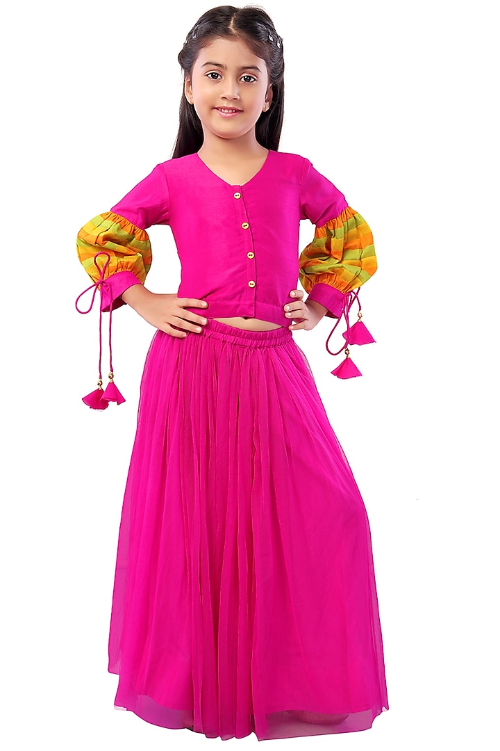 Fuchsia Pink Crepe Silk Skirt Set For Girls by Mini Chic at Pernia's Pop Up Shop