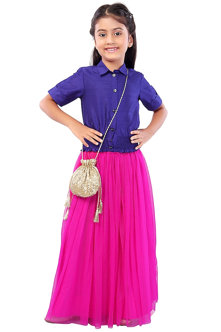 Fuchsia Pink Crepe Skirt Set For Girls by Mini Chic at Pernia's Pop Up Shop