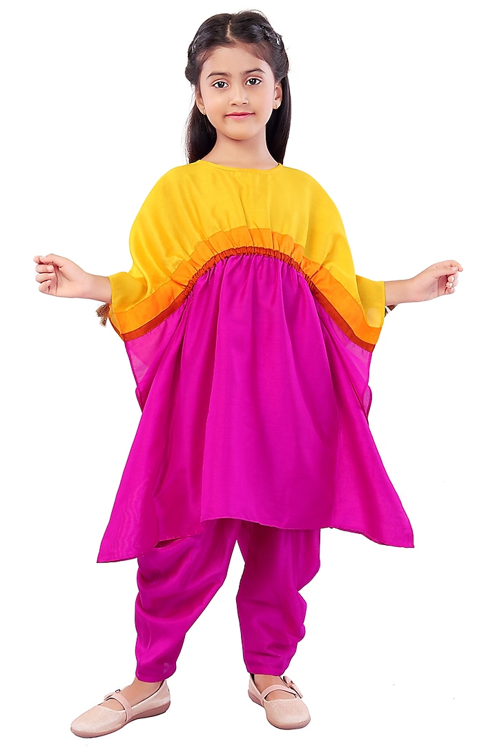 Fuchsia Pink Crepe Silk Pant Set For Girls by Mini Chic at Pernia's Pop Up Shop