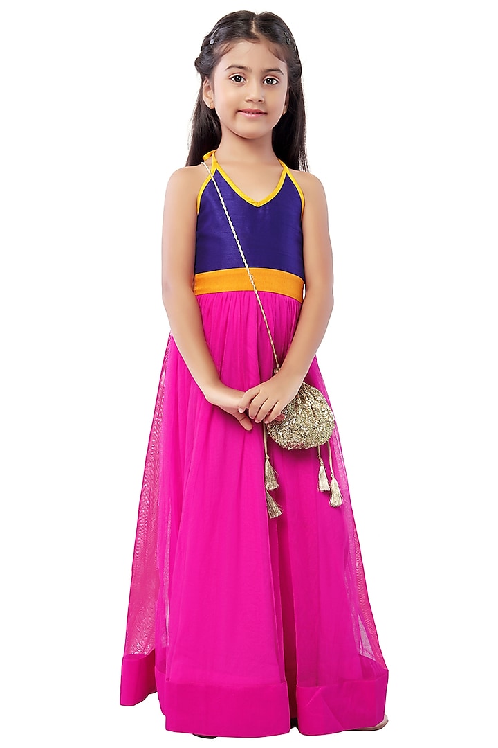 Purple & Fuchsia Pink Net Dress For Girls by Mini Chic